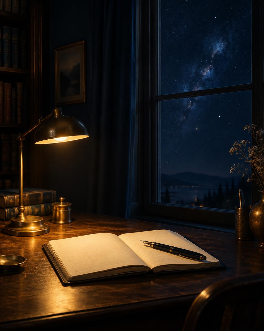 Quiet writing desk at night, with an open journal, warm lamplight, and a starlit sky beyond the window